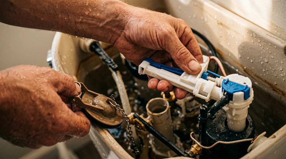 Mains d'un professionnel effectuant une réparation technique sur le mécanisme d'une chasse d'eau