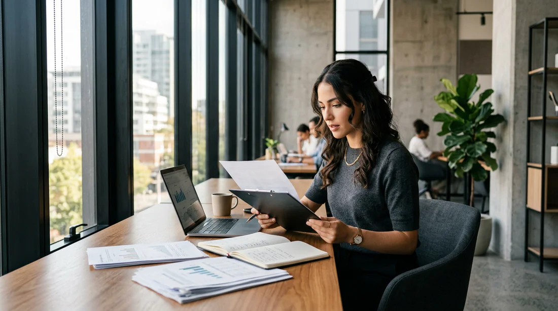 Femme entrepreneur concentrée sur ses documents dans un espace de coworking moderne