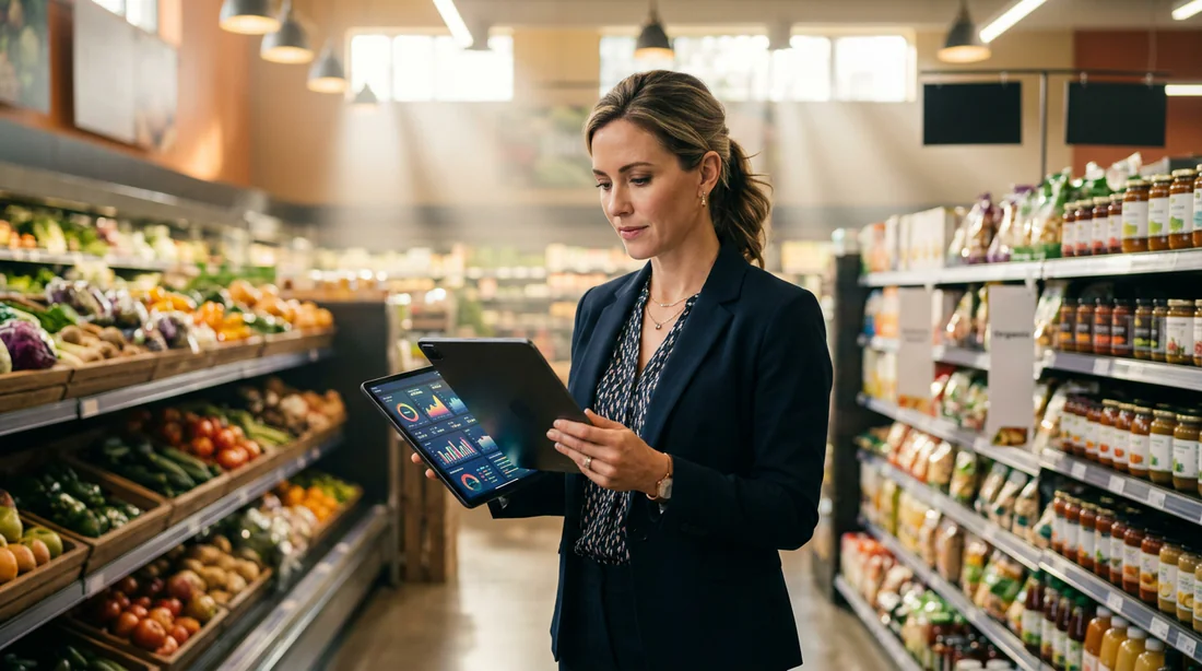 Un entrepreneur analysant son activité dans les allées d'un supermarché de proximité