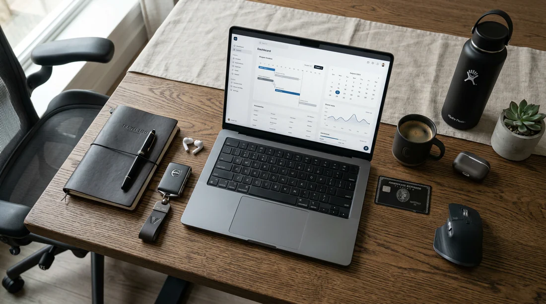 Vue aérienne d'un espace de travail d'entrepreneur avec clés de voiture et carte bancaire