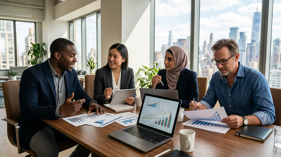 Réunion d'affaires stratégique illustrant la croissance financière et l'entrepreneuriat