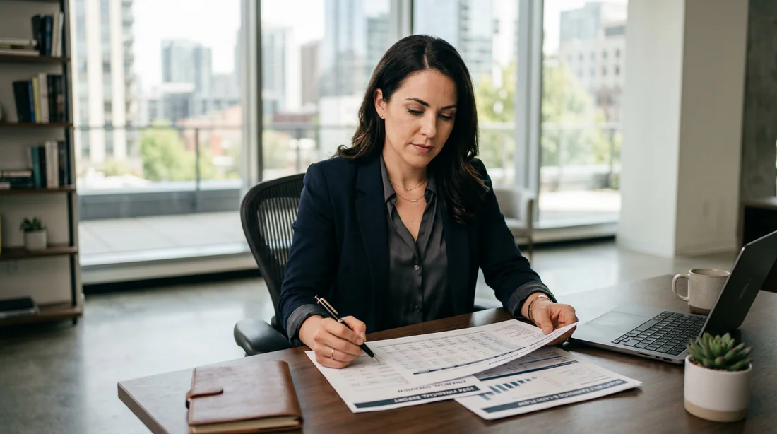 Entrepreneur concentré analysant des documents financiers importants