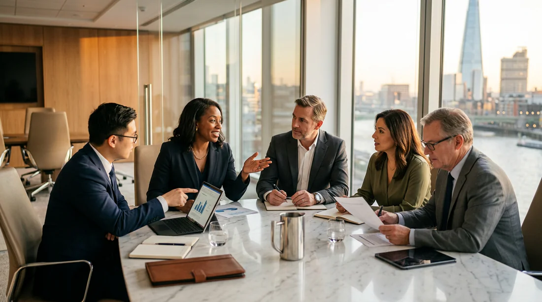 Réunion de travail stratégique entre entrepreneurs et experts bancaires