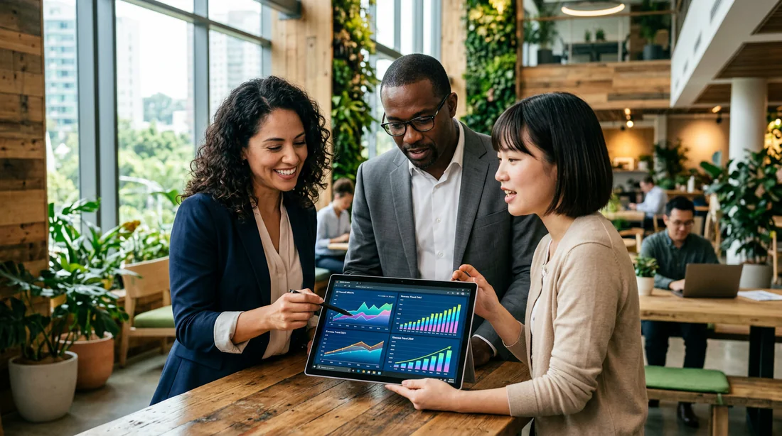 Professionnels analysant des données financières sur une tablette dans un bureau moderne