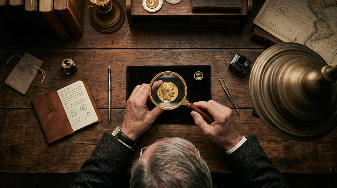 Expert analysant une pièce de monnaie rare avec une loupe