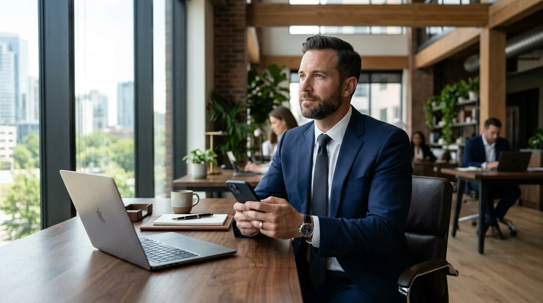 Illustration d'un entrepreneur cherchant une solution alternative pour contacter sa banque en ligne