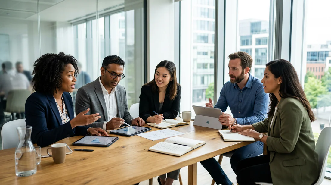 Professionnels collaborant autour d'une table dans un bureau moderne