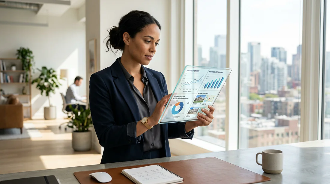 Entrepreneur analysant des graphiques financiers et des données immobilières