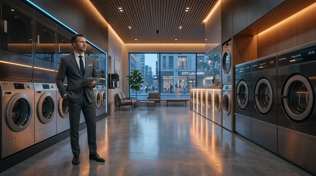 Un entrepreneur moderne dans une laverie automatique haut de gamme en 2026