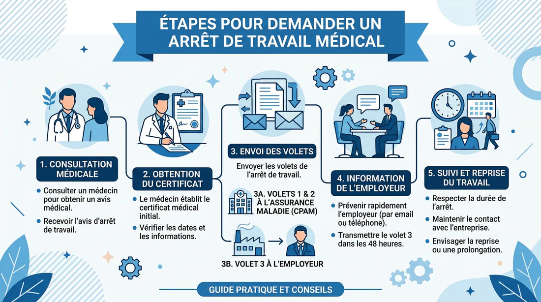 Schéma explicatif des étapes de transmission d'un arrêt maladie