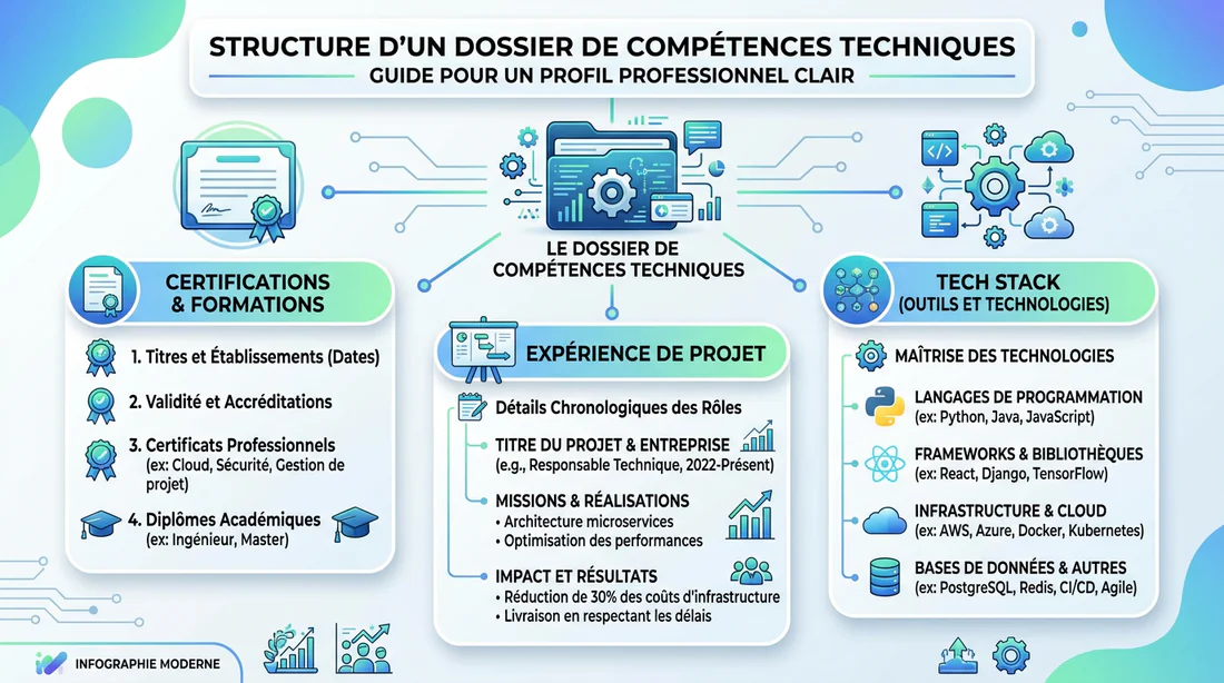 Schéma explicatif de la structure détaillée d'un dossier de compétences