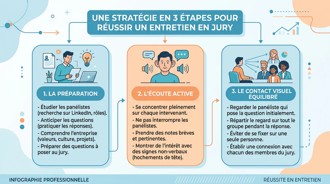 Infographie expliquant la stratégie en 3 étapes pour réussir un entretien avec deux recuteurs