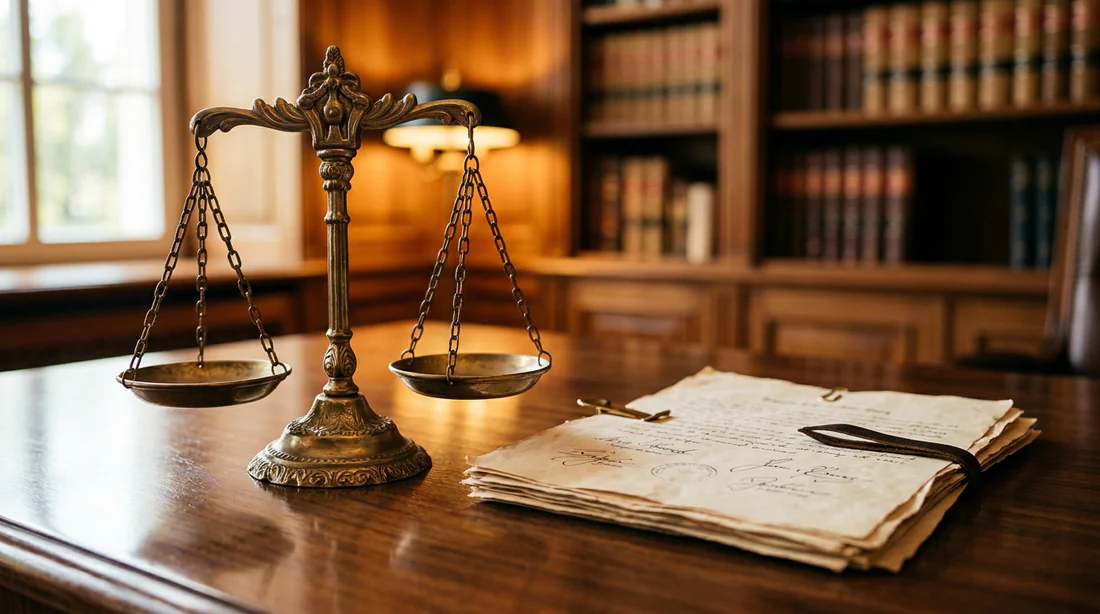 Balance de la justice à côté de documents juridiques sur un bureau