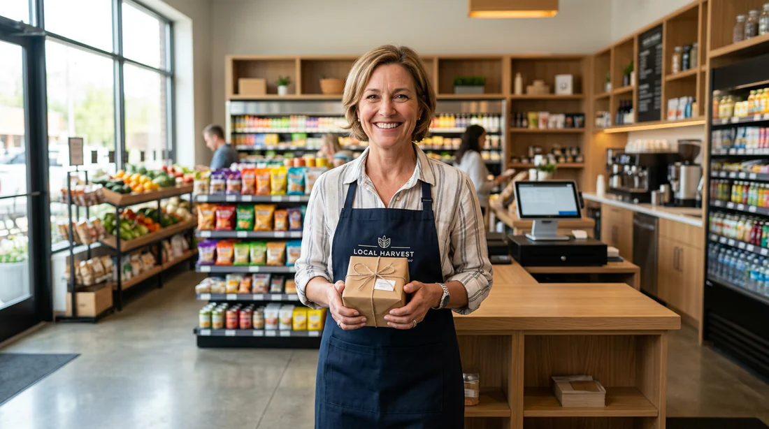 Commerçant satisfait dans sa boutique devant un casier de retrait de colis