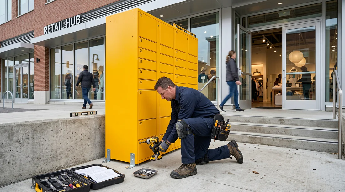 Technicien procédant à l'installation d'une borne Amazon Locker