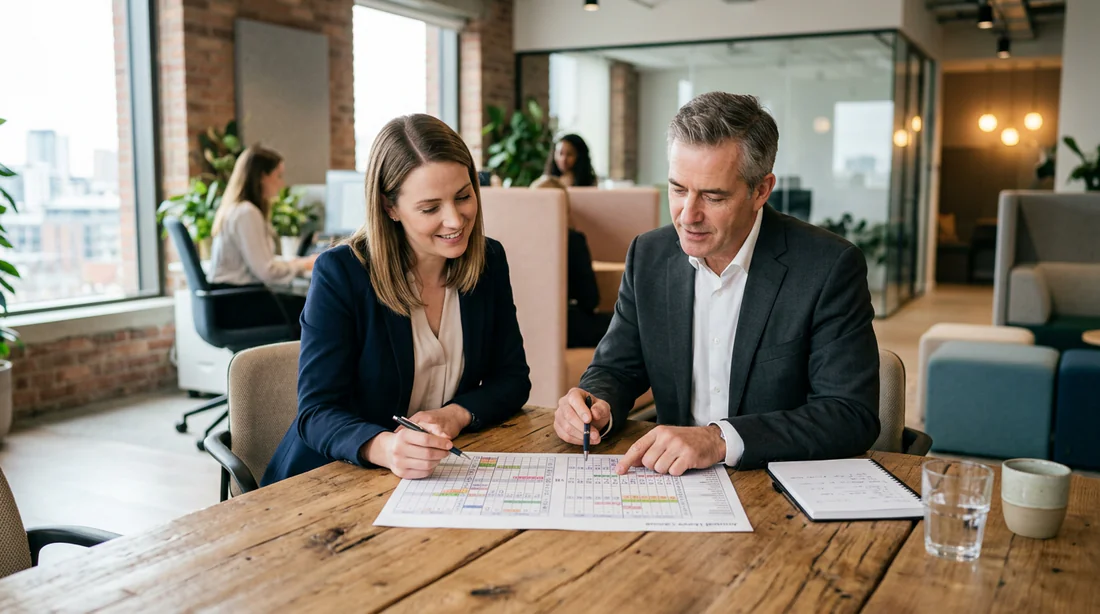 Dirigeant et responsable RH planifiant les dates de fermeture exceptionnelle de l'entreprise