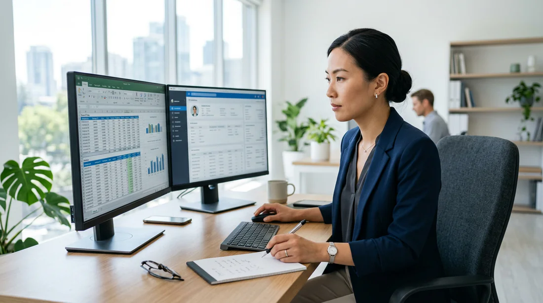 Spécialiste paie analysant des fiches de paie électroniques dans un bureau lumineux.