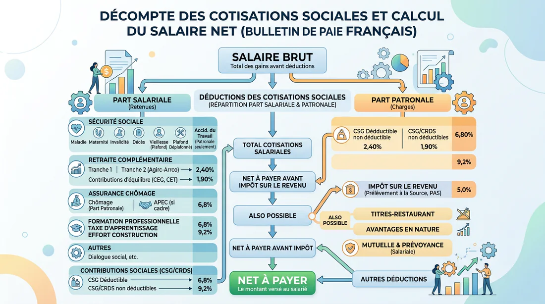 Infographie explicative du calcul des cotisations sociales et du salaire net.