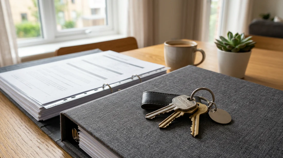 Trousseau de clés posé sur des documents de gestion locative